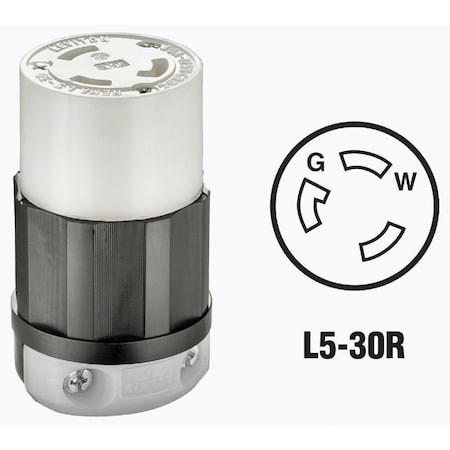 Leviton Locking Connector, L5-30R, 30 A, 125V AC, Single Phase, 2 Pole, Screw Terminals, Black, White 121-02613-0PB